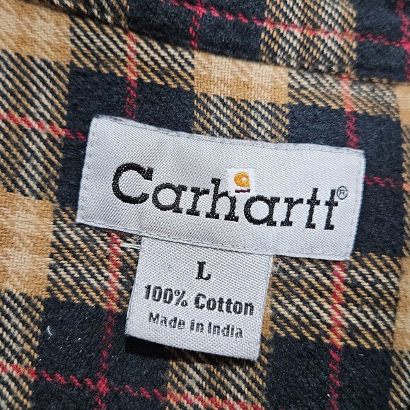Carhartt Shirt Mens Large Navy Tan Gold Plaid Flannel Button Up Workwear - Picture 3 of 8